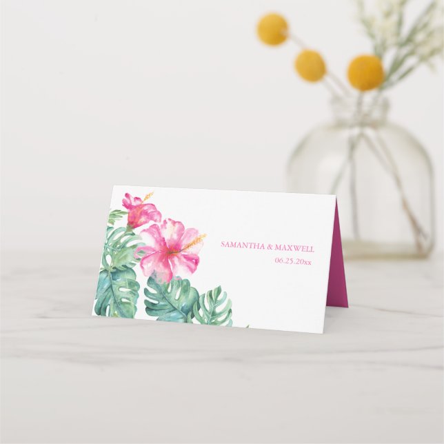 Beach Pink Floral Hibiskus Hochzeit Platzkarte (Rückseite)