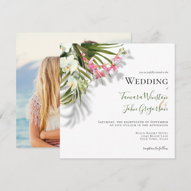 Beach Pink Floral Tropical Palms Foto Hochzeit Einladung (Vorne/Hinten)