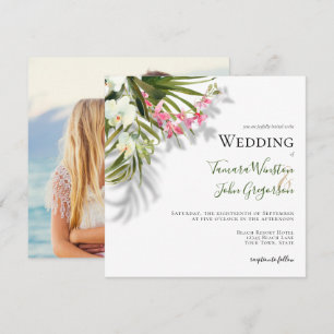 Beach Pink Floral Tropical Palms Foto Hochzeit Einladung