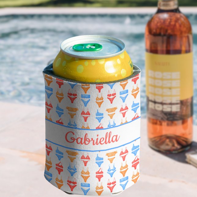 Beach Pool Party Personalisiert Name Bachelorette Dosenkühler (Custom Bachelorette Can Cooler - Personalized Beach Party Favor with Colorful Bikini Pattern!)