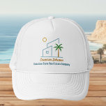 Beach Real Estate Company Custom Coastal Realtor Truckerkappe<br><div class="desc">This cute tropical real estate company hat features a modern blue beach house with a cool coastal palm tree and island sun. Customize this marketing item with your agent and realty business name for a realtor who works along the coast.</div>