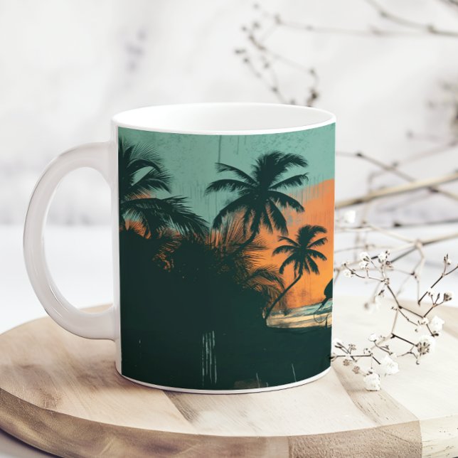 Beach Retro Surfing Sunset Add Name Kaffeetasse (Von Creator hochgeladen)