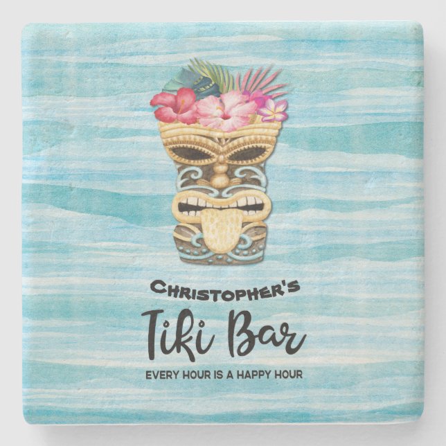  Beach Retro Tiki Bar Mit Monogramm Steinuntersetzer (Vorderseite)