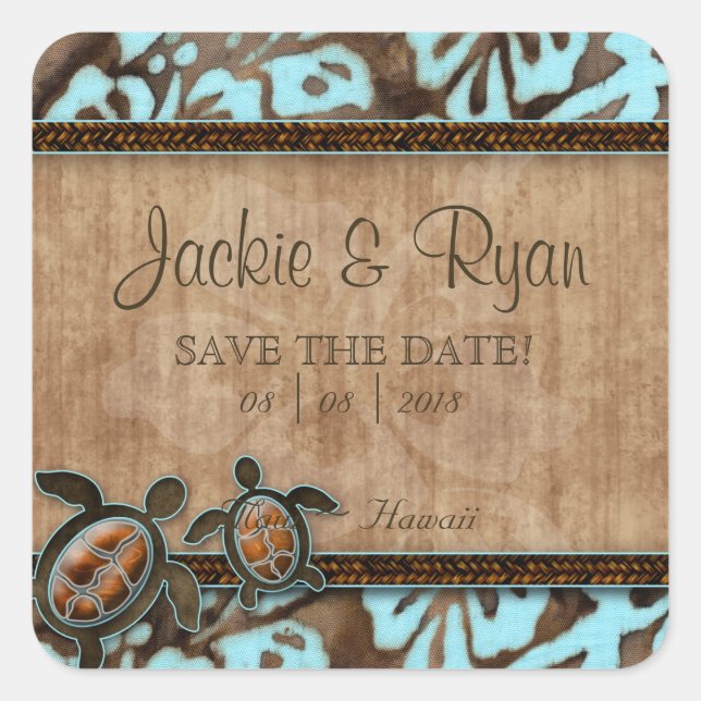 Beach Rett Date Hochzeitsticker Schildkröten Quadratischer Aufkleber (Vorderseite)