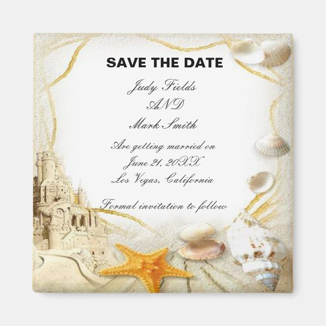 Beach Sand Castle Wedding Retten Sie das Date Magn Magnet (Vorne)