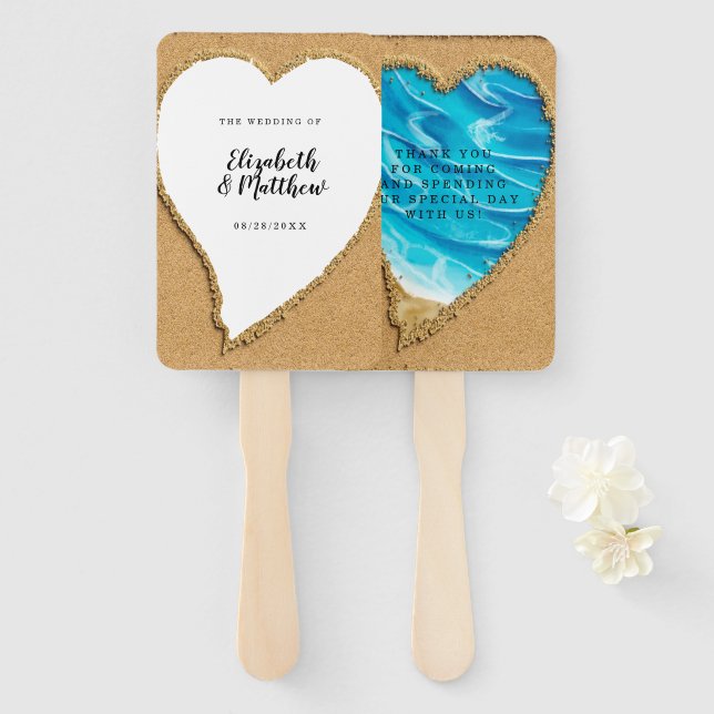 Beach Sand Heart Seashore Wedding Hand Fan Fächer (Vorne und Hinten)