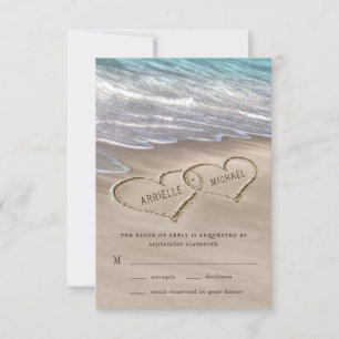 Beach Sand Hearts Elegante Tropical Moderne Hochze RSVP Karte