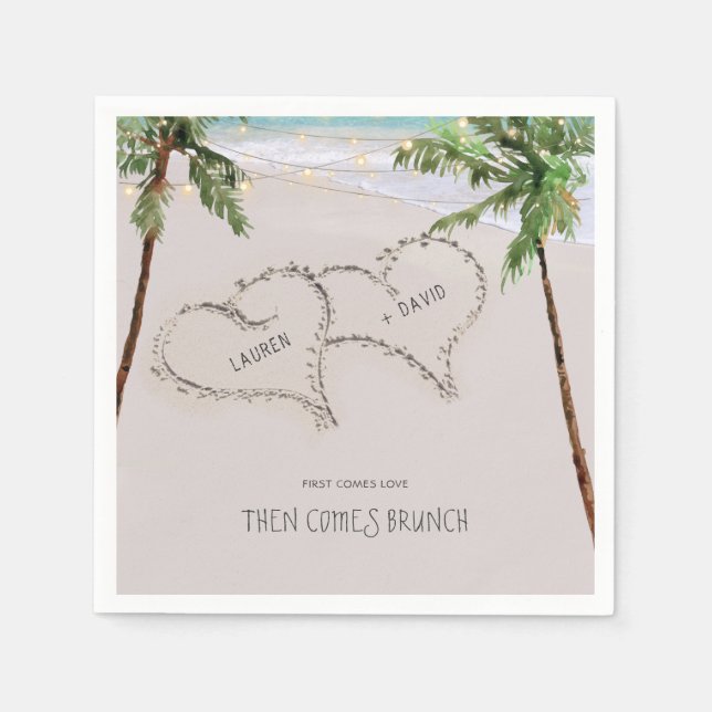 Beach Sand Hearts Tropical Palm | Moderne Hochzeit Serviette (Vorderseite)