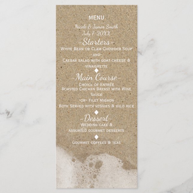 Beach Sand & Ocean Sea Water Wedding Menü Menükarte (Vorderseite)