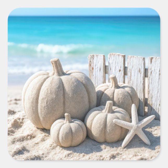 Beach Sand Pumpkins and Starfish Quadratischer Aufkleber (Vorderseite)