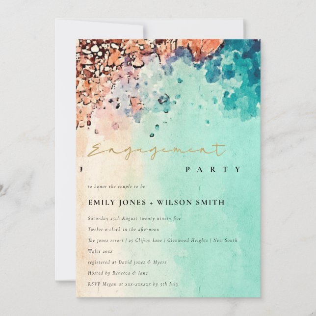 BEACH SAND ROCK WATERCOLOR TEAL ENGAGEMENT INVITE DANKESKARTE (Vorderseite)