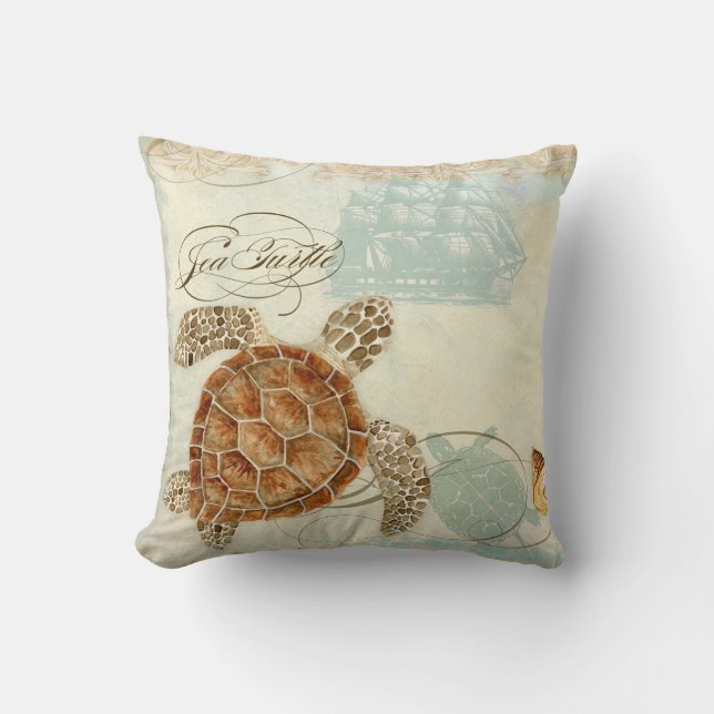 Beach Sand Seashore Collage Turtle Sea Horse Musch Kissen (Vorderseite)