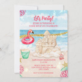 Beach Sandcastle Flamingo Geburtstagsparty herunte Einladung