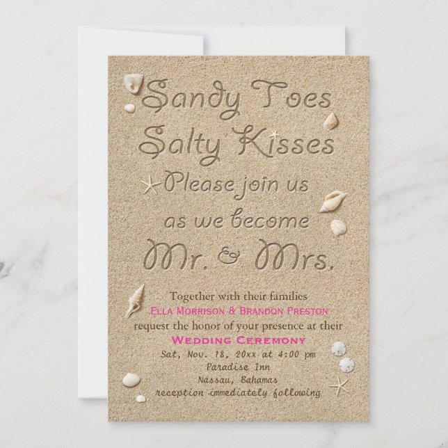 Beach Sandy Toes Salty Kisses Wedite Invite Pink Einladung (Vorderseite)