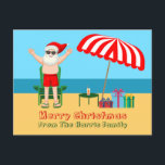 Beach Santa Claus Niedlich Custom Christmas Postkarte<br><div class="desc">Diese niedliche Weihnachts-Postkarte ist die perfekte Postkarte für das warme Wetter am Pool oder am Strand. Machen Sie es zu einem lustigen Nordpol Thema extravaganza mit dem Weihnachtsmann in seinen Swimmingpools neben einem rot-weiß gestreiften Strand Schirm und Geschenke. Ich habe Herrn Klaus noch nie zuvor in einem Anzug gesehen! Der...</div>