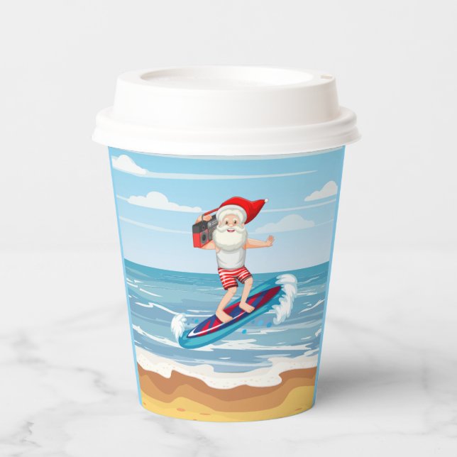 Beach Santa Surfing Weihnachten Pappbecher (Vorderseite)