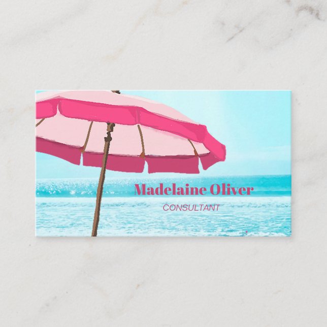 Beach Scene Ocean Blue Pink Umbrella Visitenkarte (Vorderseite)