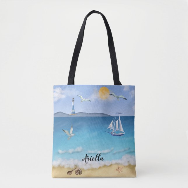 Beach Scene Sailboat Seagulls Leuchtturm Tasche (Vorderseite)
