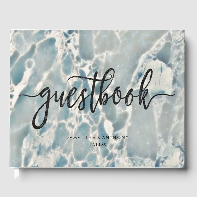 Beach Sea Glass Ocean Blues Aqua Wedly Monogram Gästebuch (Vorderseite)