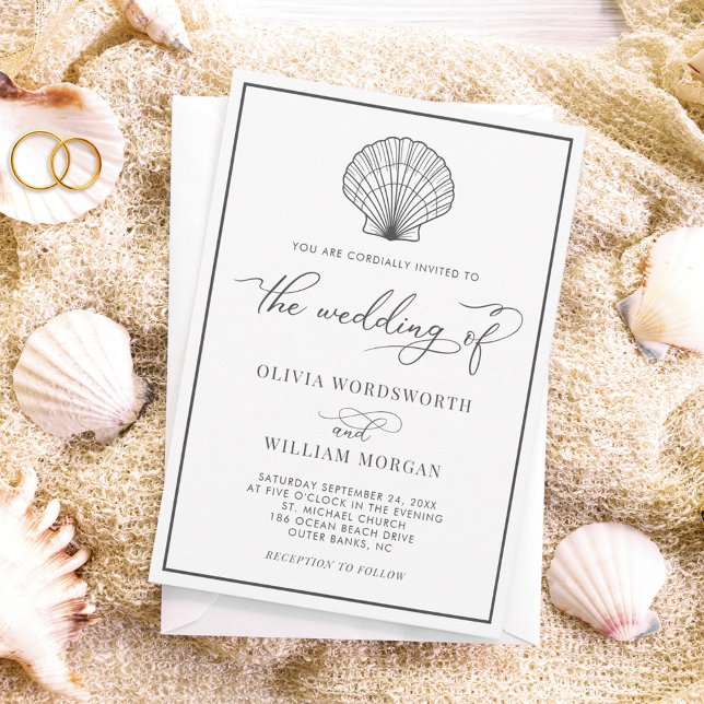 Beach Seashell Elegant Dark Gray Wedding Einladung (Von Creator hochgeladen)
