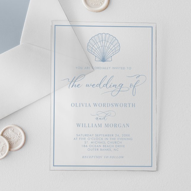 Beach Seashell Elegant Dusty Blue Wedding Acryleinladungen (Von Creator hochgeladen)