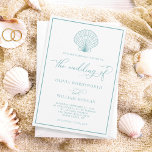 Beach Seashell Elegant Sea Glass Blue Wedding Einladung<br><div class="desc">Dieses schlichte,  minimale Hochzeitsdesign am Strand hat eine Jakobsmuschel-Muschel oben und eine elegante Schrift-Kalligrafie,  mit weißem Hintergrund und blauem Meerglas-Text und Rahmen rund um den Rand.</div>