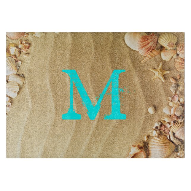 Beach Seashell Hawaii Monogram Glas Cutting Board Schneidebrett (Vorderseite)