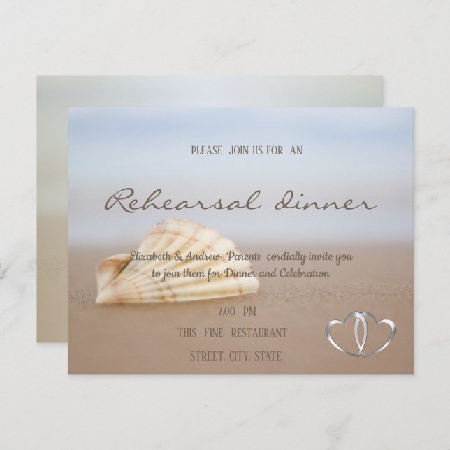Beach Seashell, Hearts Probe Dinner Einladung (Vorne/Hinten)