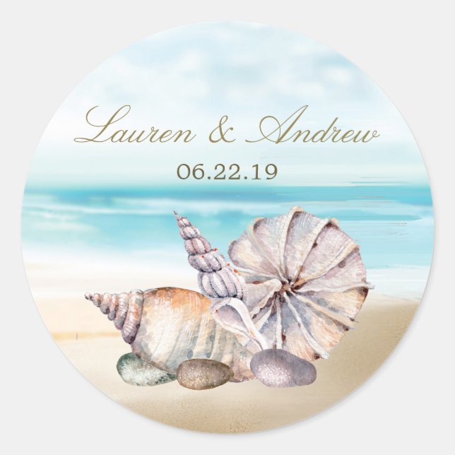Beach Seashells Nautical Tropical Wedgram Runder Aufkleber (Vorderseite)