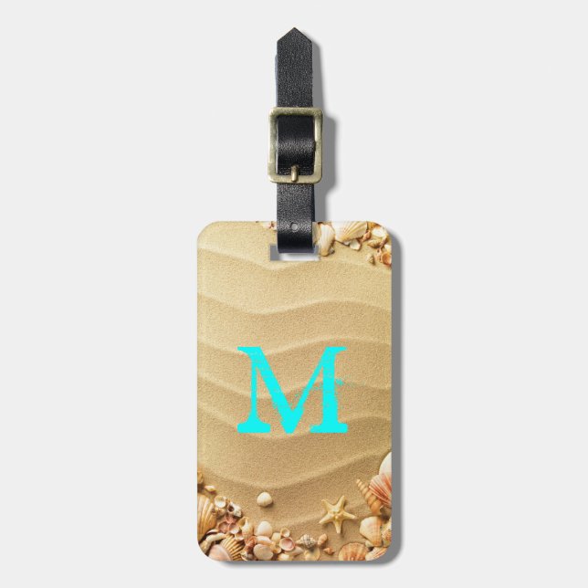 Beach Seashells Sand Hawaii Monogram Luggage Tag Gepäckanhänger (Vorderseite vertikal)