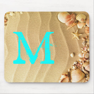 Beach Seashells Sand Monogram Initial Mouse Pad Mousepad