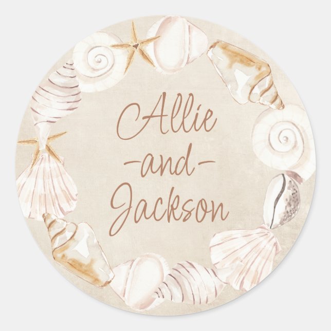 Beach Seashells Sand Sea Wedding Names Runder Aufkleber (Vorderseite)