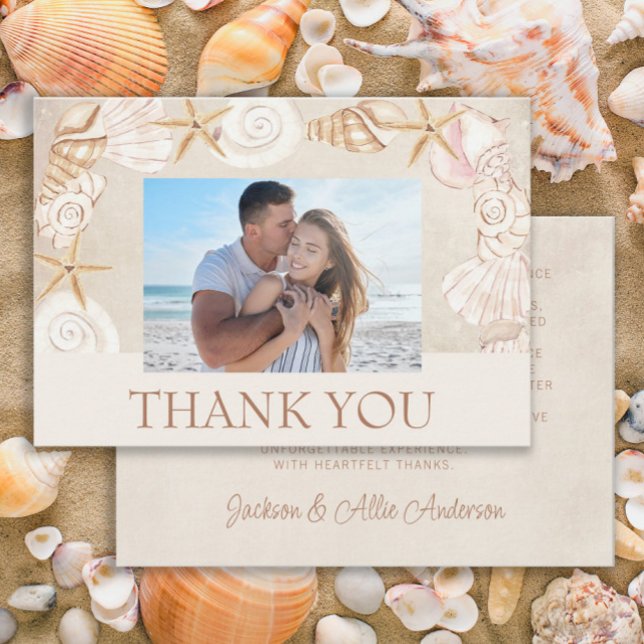 Beach Seashells Sand Seaside Foto Dankeskarte (Beach/sea shells wedding photo Thank You card)