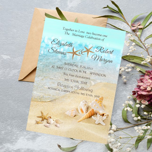 Beach Seashells Sand Wedding Einladung (Von Creator hochgeladen)