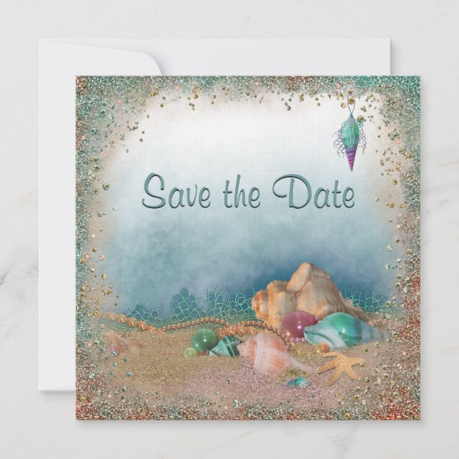 Beach Seashells und Glitzer Save the Date Hochzeit (Vorderseite)