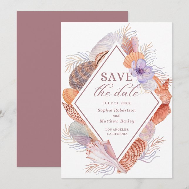 Beach Seashells Wasserfarben Coastal Chic Hochzeit Save The Date (Vorne/Hinten)