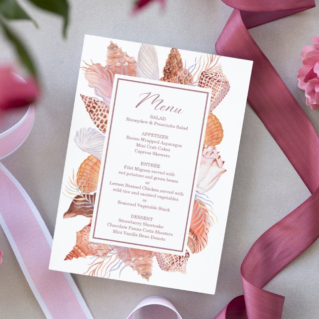 Beach Seashells Watercolor Coastal Chic Flat Menükarte (Von Creator hochgeladen)