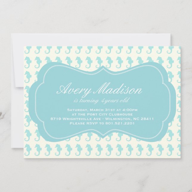 Beach Shabby Chic Seahorse Invitation bleu (Devant)