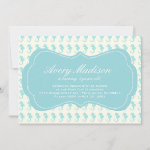 Beach Shabby Chic Seahorse Invitation bleu