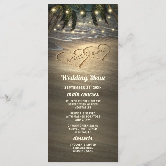 Beach Shore Herz in den Sand Wedding Menu Cards Menükarte (Vorderseite)