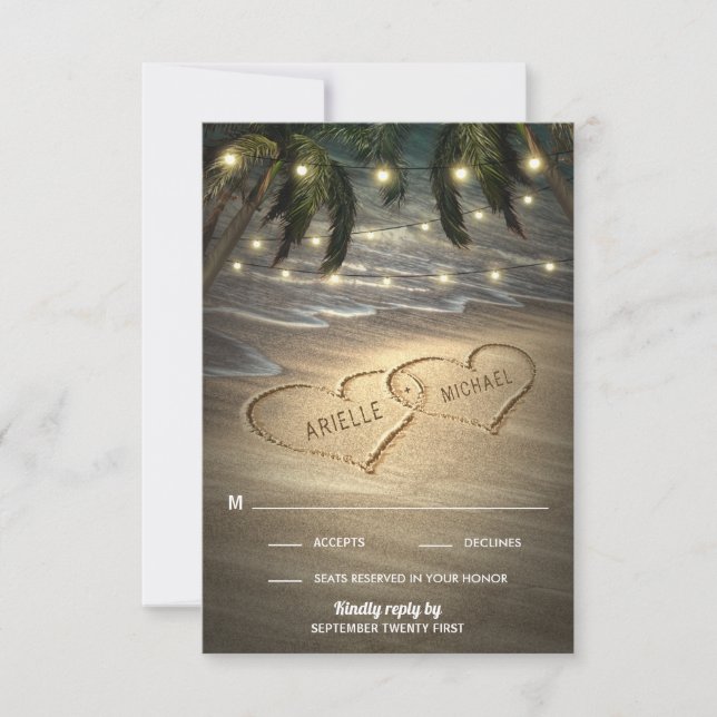 Beach Shore Herz in den Sand Wedding RSVP Cards (Vorderseite)