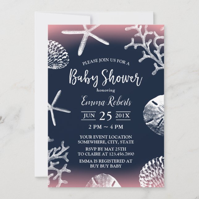 Beach Starfish Coral Reef Navy Pink Baby Dusche Einladung (Vorderseite)