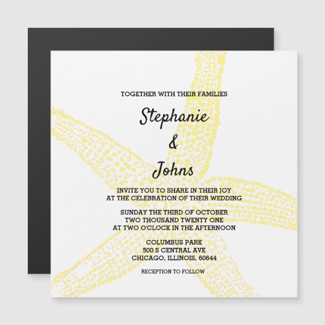 Beach Starfish Nautical Yellow White Theme Hochzei Magneteinladung (Vorne/Hinten)