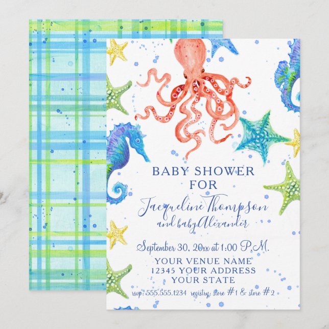 Beach Starfish Octopus Seepferd Boy Babydusche Einladung (Vorne/Hinten)