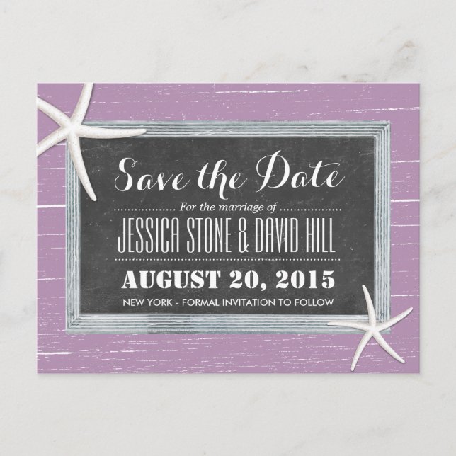 Beach Starfish Violet Weathered Wood Save the Date Ankündigungspostkarte (Vorderseite)
