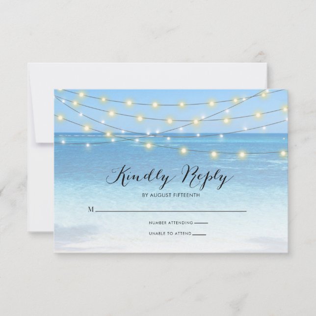 Beach String Lights Wedding RSVP Card Karte (Vorderseite)