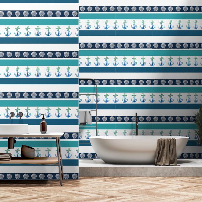 Beach Stripe Blue White Aqua Aquamariner Ankerbode Tapete (Badezimmer)