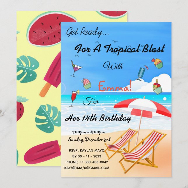 Beach Summer Tropical 14. Geburtstag Einladung (Vorne/Hinten)