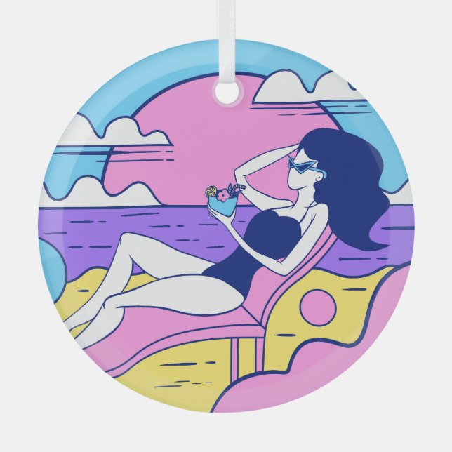 Beach Sunbathing Girl Cocktail Illustration. Ornament Aus Glas (Vorderseite)