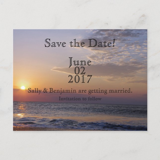Beach Sunrise Save the Date Ankündigungspostkarte (Vorderseite)